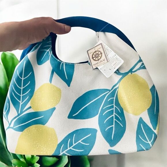 NWT Hakurai Off White Canvas Lemons & Leaves print  Gamaguchi clasped handle Bag - Picture 12 of 12